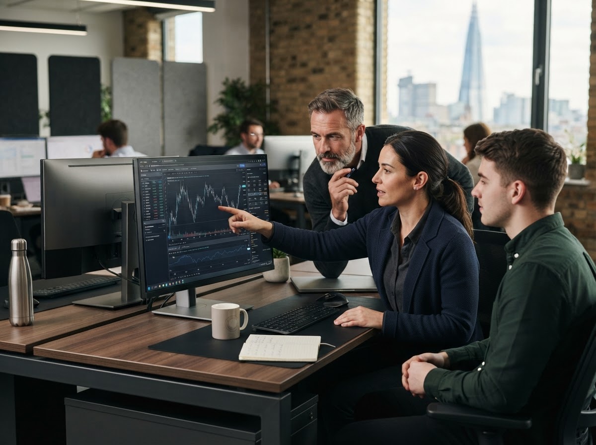 Tesla Trader Link analyst reviewing market data on a workstation